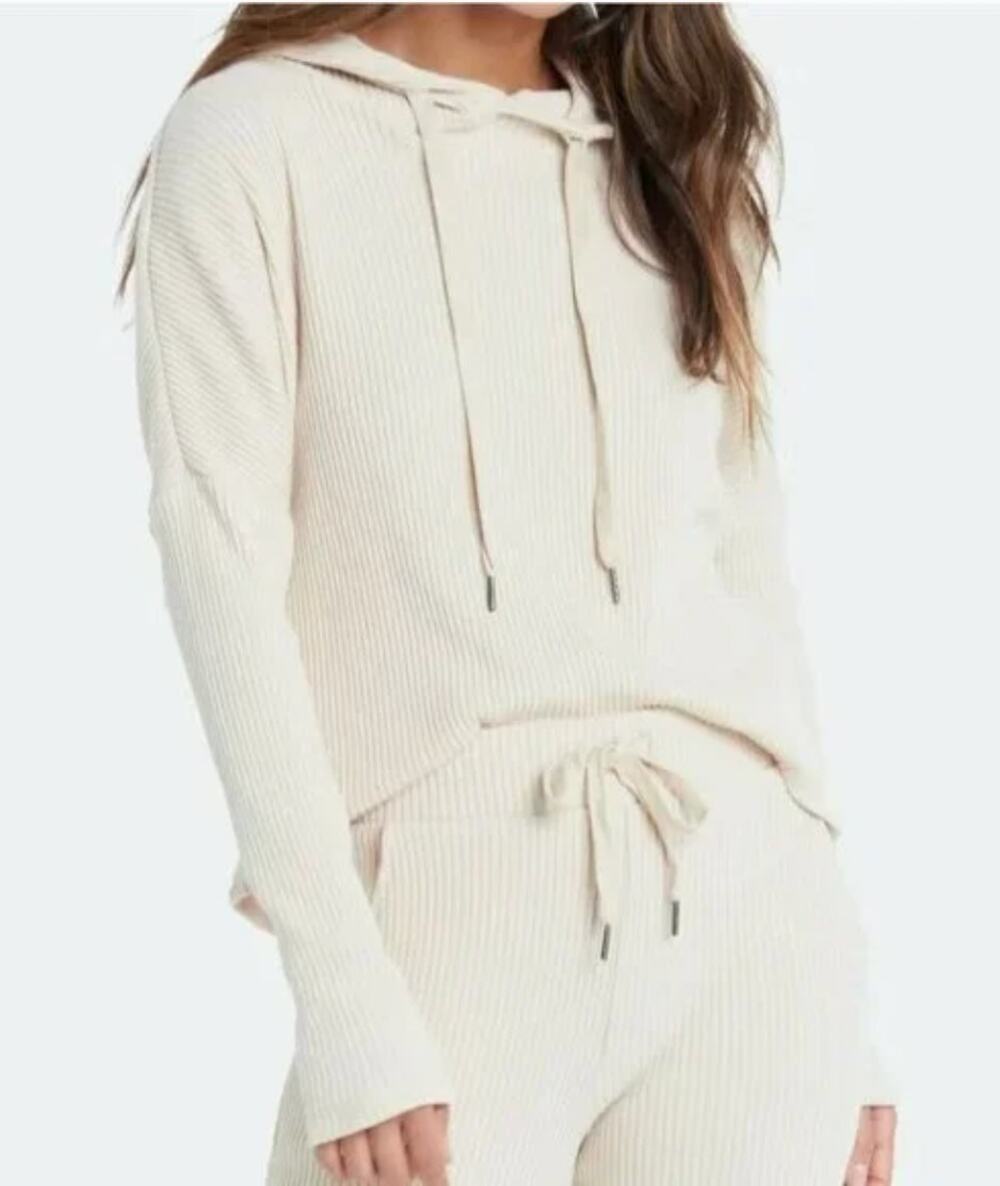 Lett Bari Ecru Ribbed Long Sleeve Drawstring Hoodie XS